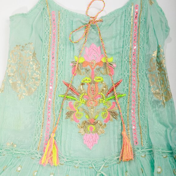 Boho Embellished Aqua Blue Sun Dress with tassels and embroidery Cotton Size S - Picture 9 of 13